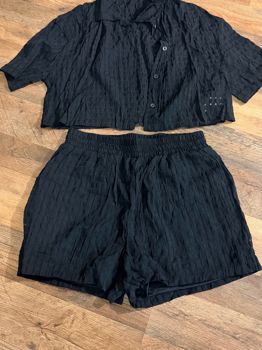 SHEIN Black Textured Two-Piece Set - Cropped Button Shirt & Elastic Shorts